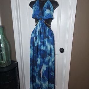 Blue Halter Cutout Maxi Dress with Chain Detail